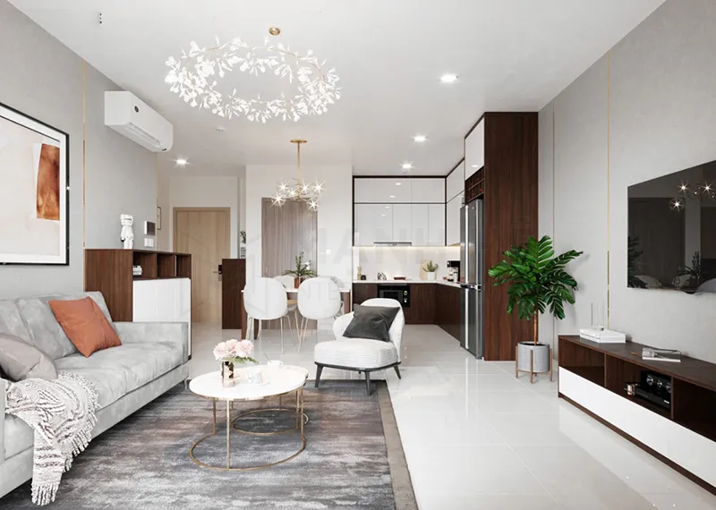 Mẫu trần thạch cao phẳng phòng khách liền bếp 1