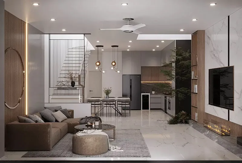 Mẫu trần thạch cao phẳng phòng khách liền bếp